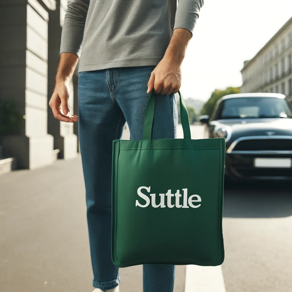 Delivery driver holding a Suttle bag near a car